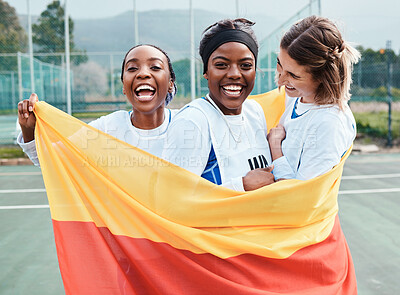 Buy stock photo Winning netball, flag and sports team celebration, excited or celebrate competition award, victory winner or court game. Germany people, teamwork achievement and portrait of athlete happy for success