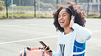 Netball sports, phone music and happy woman listening to mp3 radio, audio podcast or media song after training practice. Relax wellness, digital headphones or African athlete streaming sound on court