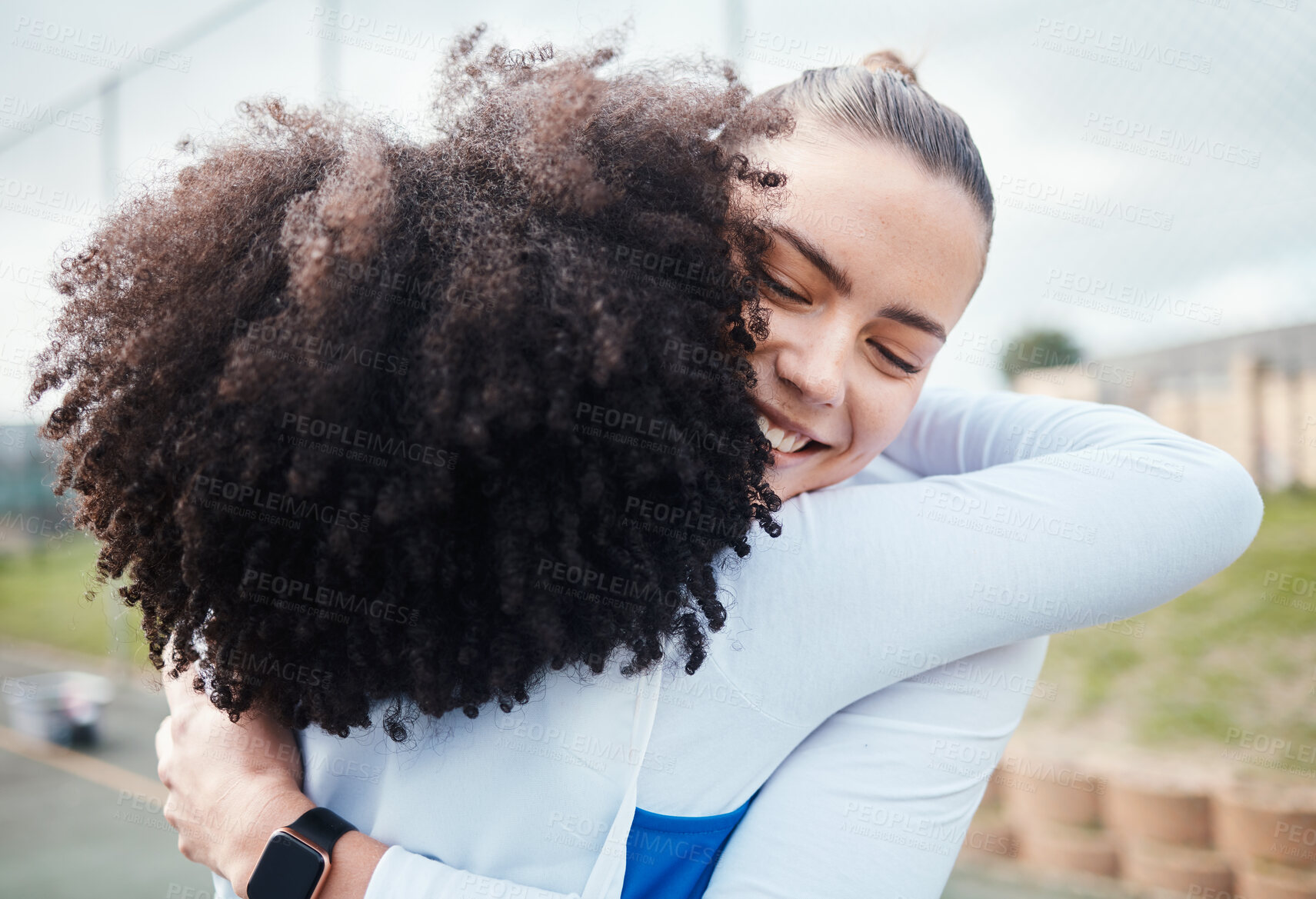 Buy stock photo Hug, success or team support in netball training game or match in goals celebration on sports court. Teamwork, fitness friends group or excited athlete girls with happy smile or winning together