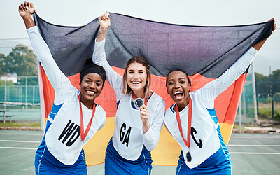 Buy stock photo Sport winner, flag or netball team celebration, excited or celebrate winning award, competition victory or game success. Germany people, teamwork achievement or portrait athlete happy for prize medal