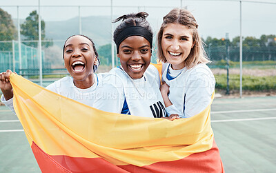 Buy stock photo Winning netball, sports flag and team celebration, excited or celebrate competition award, victory winner or court game. Germany people, teamwork achievement and portrait of athlete happy for success