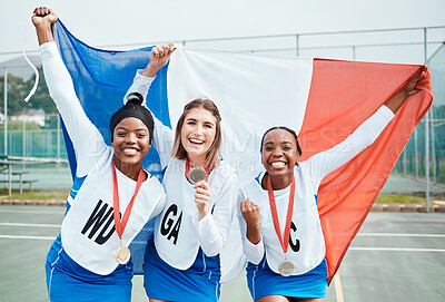 Buy stock photo Netball win, flag portrait and sports team celebration, excited or celebrate award winner, competition victory or game. France group success, teamwork achievement or athlete happy for prize medal