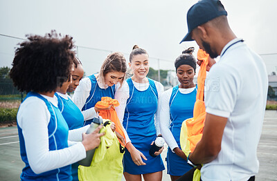 Buy stock photo Team, soccer and women football coach at training, fitness and workout on the field or sport ground for practice. Match, game and female athletes with trainer at stadium with players as teamwork 