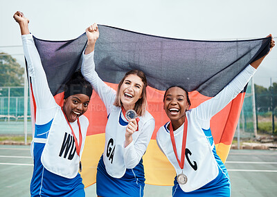 Buy stock photo Netball winner portrait, flag or sports team celebration, excited or celebrate winning award, competition victory or game. Germany group success, teamwork achievement or athlete happy for prize medal