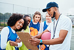 Clipboard strategy, netball sports team and coach planning game plan, teamwork collaboration or explain competition idea. Coaching athlete, teaching and talking people listening to fitness challenge