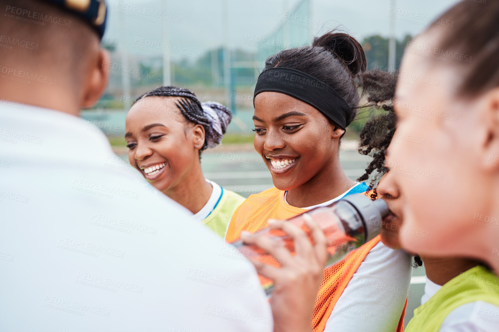 Buy stock photo Sports plan, netball team and coach planning game strategy,  teamwork collaboration or explain competition idea. Coaching athlete, teaching and talking group of people listening to fitness challenge