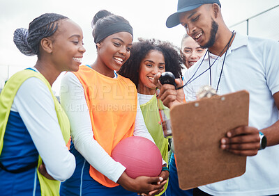 Buy stock photo Sports time, netball team and coach check stopwatch after fitness, practice competition or group workout. Health game, watch or diversity women happy for exercise, training or court challenge success