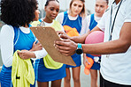 Clipboard hands, netball sports team and coach planning game plan, teamwork collaboration or explain competition idea. Coaching strategy, teaching and talking athlete listening to challenge plan