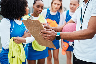Buy stock photo Clipboard hands, netball sports team and coach planning game plan, teamwork collaboration or explain competition idea. Coaching strategy, teaching and talking athlete listening to challenge plan