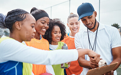 Buy stock photo Strategy, planning and coach with netball team for sports game plan, teamwork and competition discussion. Man coaching diversity athlete women talking about fitness goals training and motivation
