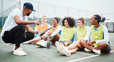 Buy stock photo Netball strategy, happy sports team and coach planning game plan, teamwork collaboration or explain competition idea. Coaching athlete, teaching or talking group of people listen to fitness challenge