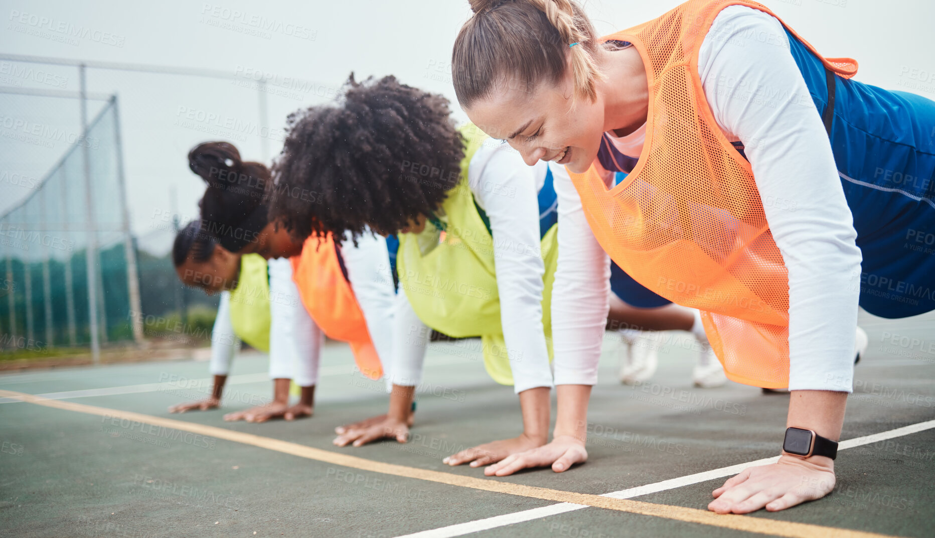 Buy stock photo Sports workout, netball and happy team practice, floor push up or training for wellness athlete, people or women. Health commitment, strength performance or group fitness, challenge or exercise class