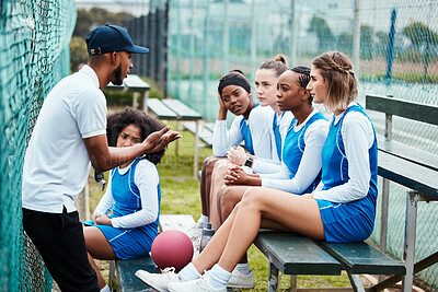 Buy stock photo Netball strategy, sports team and coach explain game plan,  teamwork collaboration or planning competition idea. Coaching athlete, teaching and talking group of people listening to fitness challenge