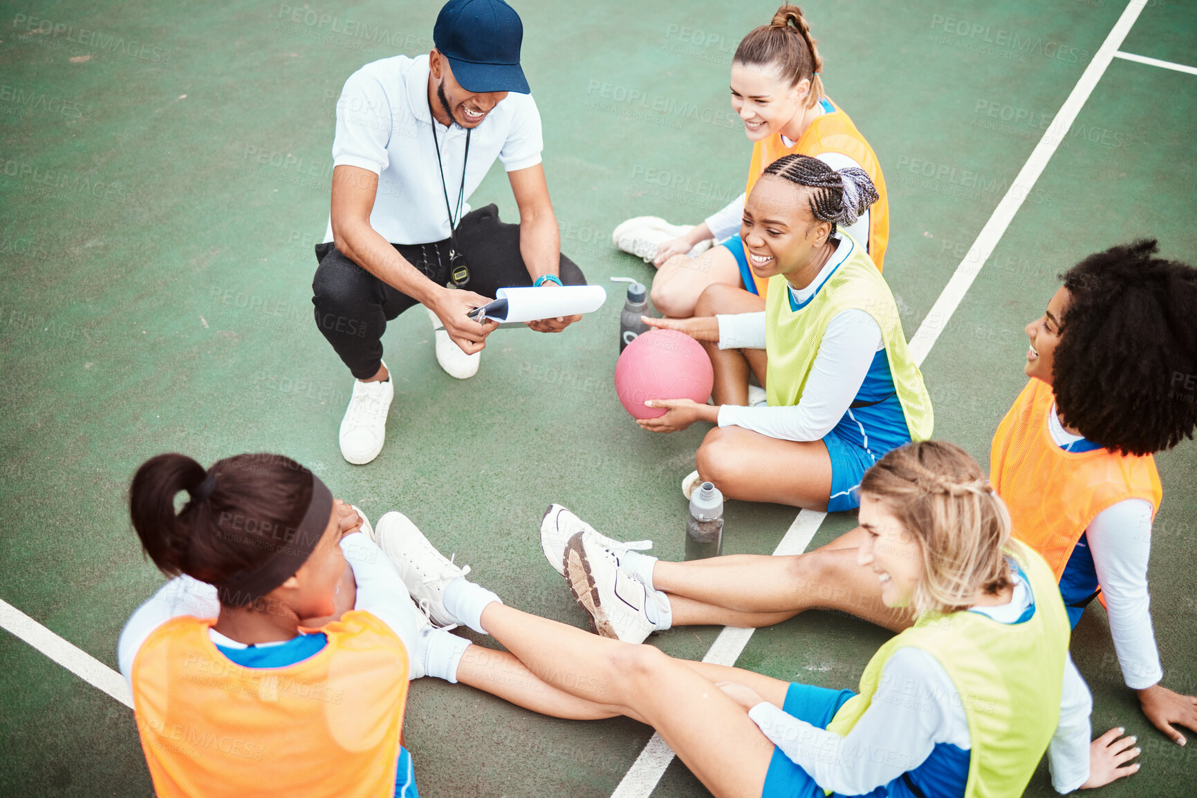 Buy stock photo Netball plan, sports team smile and coach planning game strategy, teamwork collaboration or explain competition idea. Coaching athlete, top view or talking group of people listen to fitness challenge