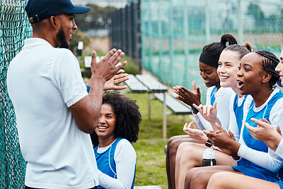 Buy stock photo Sports celebration, netball team building and coach happy for game winning, teamwork collaboration or competition winner. Coaching athlete, teaching applause and group of celebrate, excited and clap