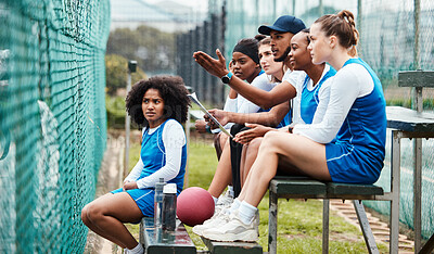 Buy stock photo Sports, talking and coach with women at netball, training and watching a game for planning. Teamwork, learning and man coaching girls on sport, discussing a plan and strategy for a competition