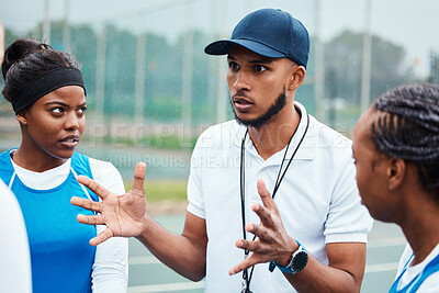 Buy stock photo Netball, sports team or frustrated coach talk about game problem, teamwork mistake or explain competition crisis. Coaching athlete, teaching or group of people listen to fitness challenge instruction