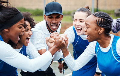 Buy stock photo Fist, motivation or team support in netball training game screaming with hope or faith on sports court. Teamwork, fitness coach or group of excited athlete girls with pride or solidarity together