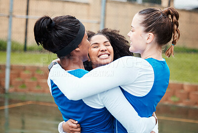 Buy stock photo Sports hug, success or team support in netball training game or match in goals celebration on court. Teamwork, fitness friends or group of excited athlete girls with happy smile or winning together