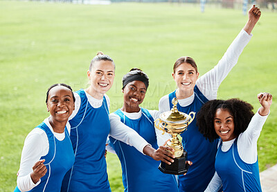 Buy stock photo Women, friends and celebration for winning, trophy or sports team on grass field in the outdoors. Happy sporty woman group smiling in sport teamwork celebrating win, victory or achievement together