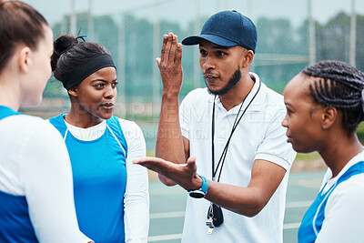 Buy stock photo Coach, strategy and collaboration with sports people listening to tactics or instructions on a court. Fitness, team and planning with a black man talking to a group of girls during a competition 