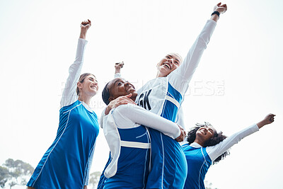 Buy stock photo Women, friends and celebration for winning, sports team or success raising fist together in the outdoors. Happy sporty woman group smiling in sport teamwork celebrating win, victory or achievement