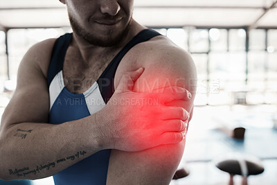 Buy stock photo Shoulder pain, sport injury and man with fitness, muscle tension and hand, gymnast at gym and red overlay. Sports accident, medical emergency and person at gymnastics, competition and inflammation