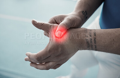Buy stock photo Hand pain, sport injury and person with fitness, muscle tension or torn ligament, gymnast at gym and red overlay. Sports accident, medical emergency and competition with gymnastics, inflamed of joint