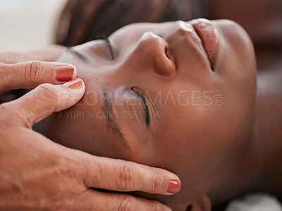 Buy stock photo Skincare, beauty and black woman getting a facial massage for health, wellness and self care. Cosmetic, spa and calm African female sleeping while doing a luxury natural face treatment at a salon.