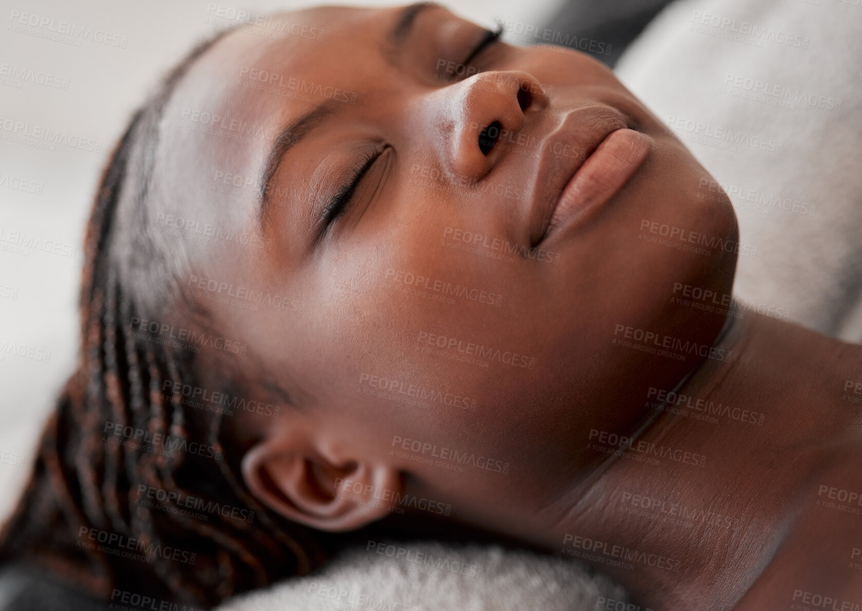 Buy stock photo Black woman face, relax and luxury spa treatment of a young female ready for facial. Skincare, beauty and wellness clinic with client feeling calm and zen before massage or cosmetic chemical peel