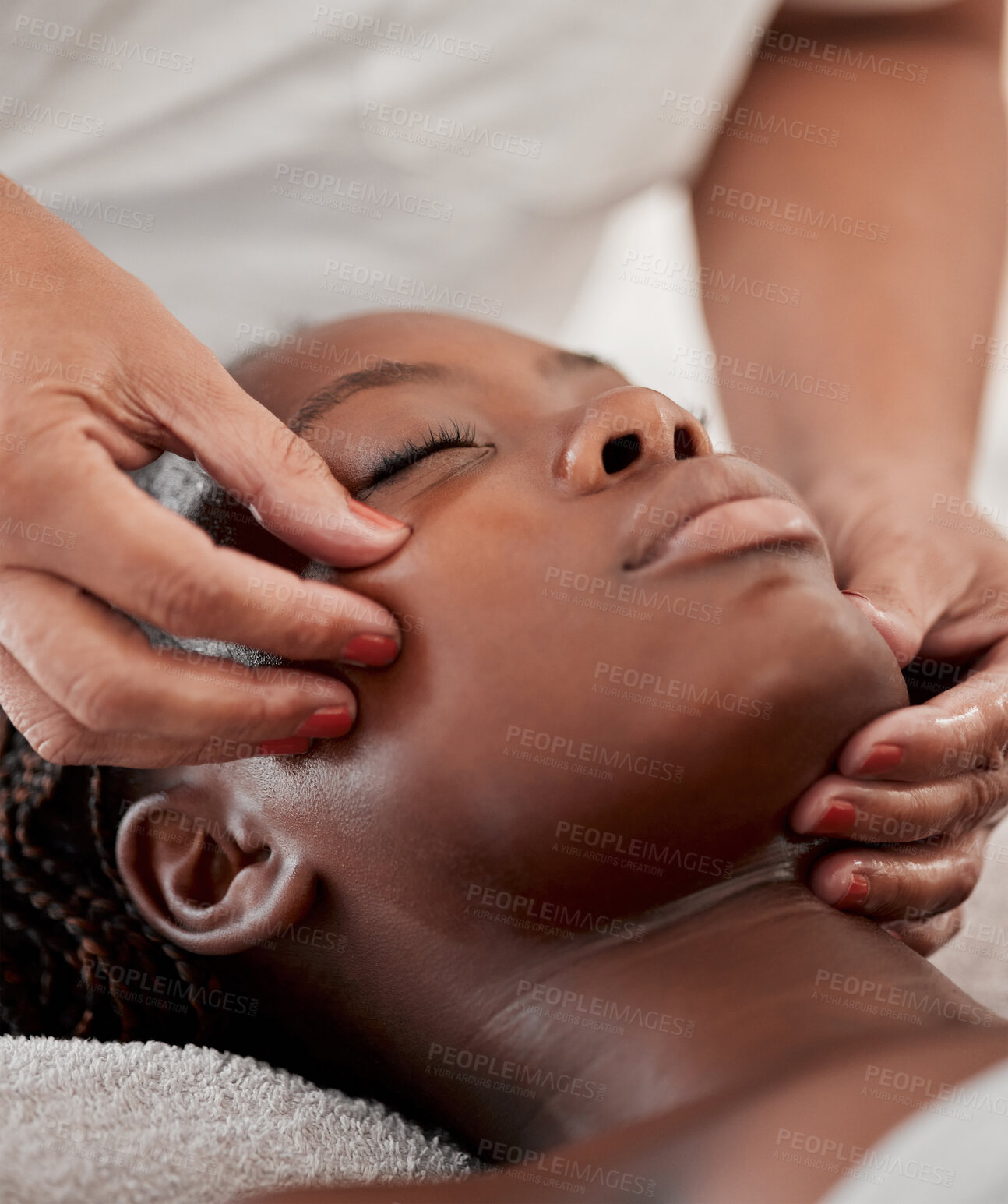 Buy stock photo Black woman face, massage and spa wellness therapist  with young female and cosmetic facial. Skincare, beauty and dermatology clinic with client feeling calm and zen from hyaluronic acid serum