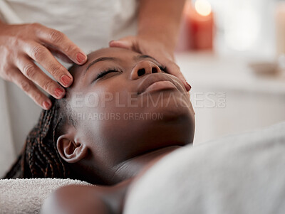 Buy stock photo Black woman, face massage and luxury spa treatment of a young female ready for facial. Skincare, beauty and wellness clinic with client feeling calm and zen for collagen and chemical peel at salon