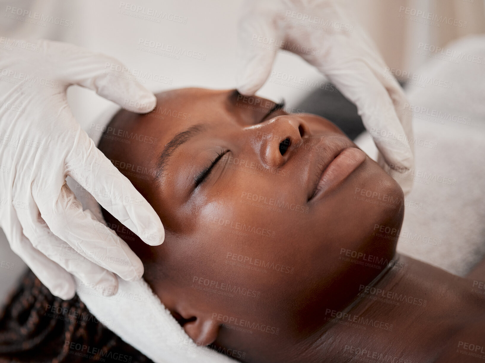 Buy stock photo Black woman, face and sleeping in spa facial for beauty skincare, massage or relaxing in treatment. Calm African American female dreaming in luxury physical therapy, zen or relaxation at salon resort