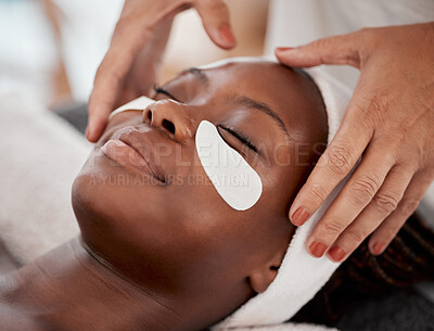 Buy stock photo Salon woman, hands or face massage for beauty healthcare, cosmetics facial treatment or spa wellness. Luxury medical service, health or relax African client, customer or patient for professional care