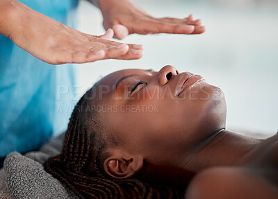 Buy stock photo Black woman, reiki massage and luxury spa treatment of a young female ready for salon facial. Skincare, beauty and wellness clinic with client feeling calm and zen from holistic therapy experience