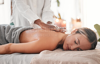 Buy stock photo Hands, back massage with masseuse, women at holistic center or spa with wellness, physical therapy and zen. Health, peace of mind and face with stress relief, self care and lifestyle with healing