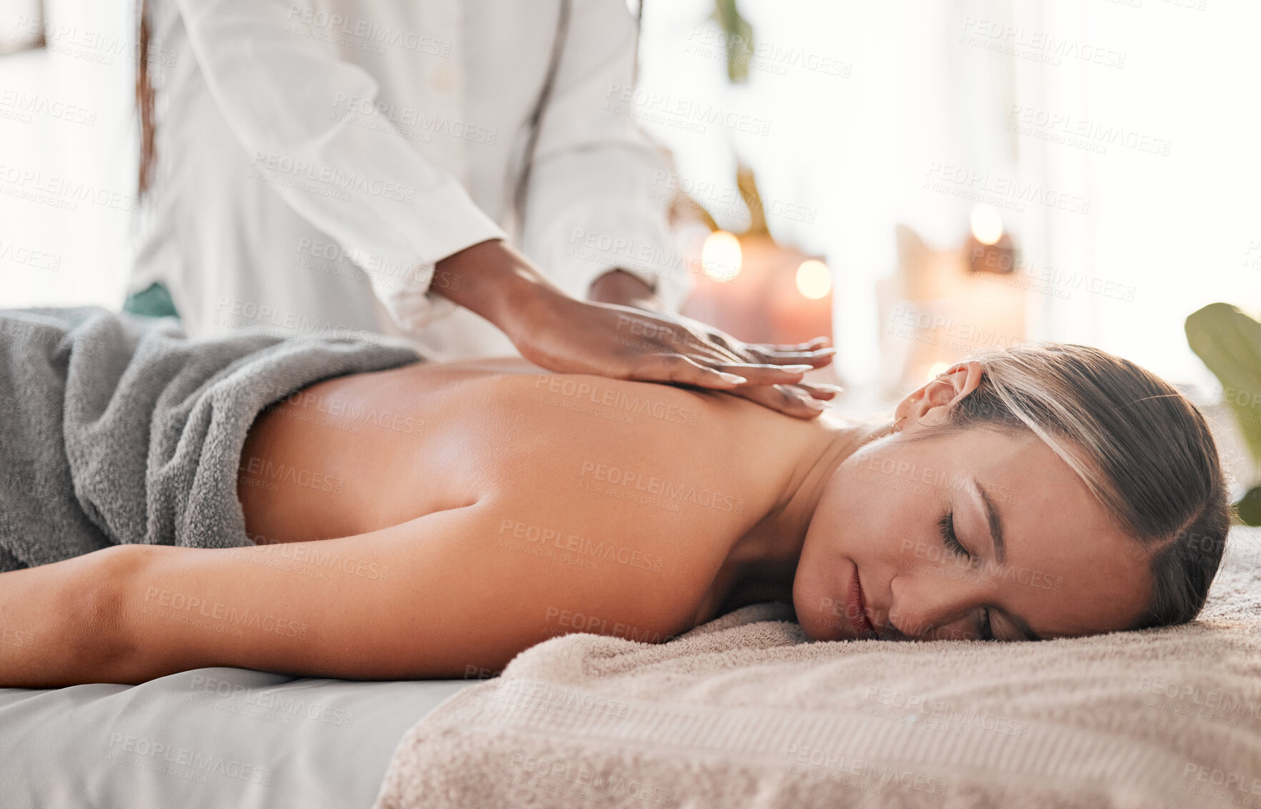 Buy stock photo Hands, back massage with masseuse, women at holistic center or spa with wellness, physical therapy and zen. Health, peace of mind and face with stress relief, self care and lifestyle with healing