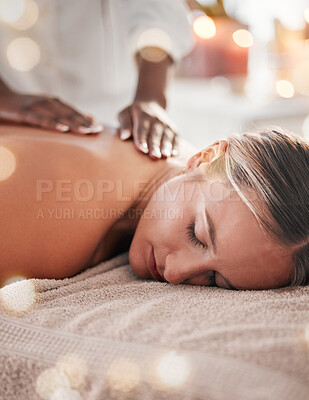 Buy stock photo Woman, back massage at spa and holistic therapy with masseuse hands, wellness and treatment with zen. Health, peace of mind and stress relief, self care and lifestyle with healing, face and calm