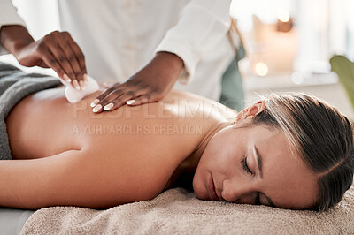Buy stock photo Skincare, spa and massage for woman with gua sha product for back pain, muscle and tension relief. Beauty salon, relax and girl with masseuse on a table with tool for spine, joint and inflammation 