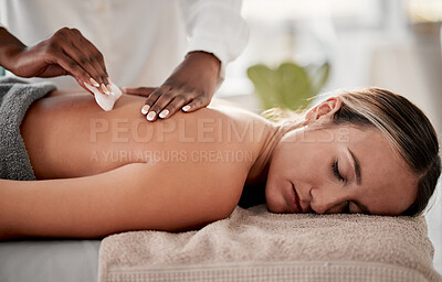 Buy stock photo Spa, skincare and massage for woman with gua sha product for back pain, muscle and tension relief. Beauty salon, relax and girl with masseuse on a table with tool for spine, joint and inflammation 