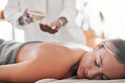 Buy stock photo Woman, spa and luxury back massage on table for health, zen and wellness of body. Client with a masseuse for healing, relax and therapy with self care and cosmetic service for detox and holistic time