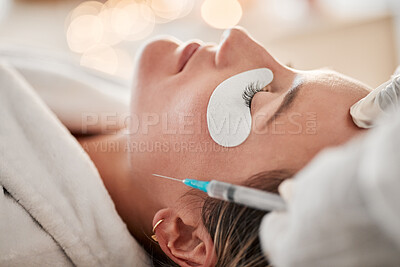 Buy stock photo Face plastic surgery, hands and PRP for woman, beauty aesthetic filler or medical cosmetics surgeon. Facial augmentation clinic, spa salon client and doctor working on patient with injection needle