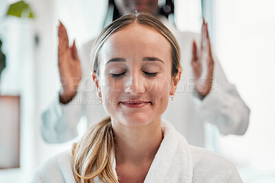 Buy stock photo Relax, reiki and woman with smile on face at spa for spiritual chakra therapy and alternative medicine. Healing, balance and zen, person with peaceful mindset and healthy mind at traditional massage.