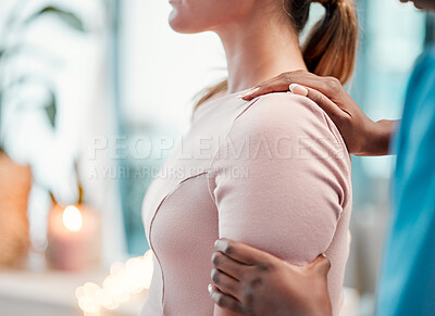 Buy stock photo Closeup, arm and chiropractor with woman for physiotherapy, injury and alignment in consultation room. Physiotherapist, hands and injured girl consulting professional for joint, problem and issue