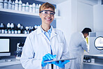 Scientist, black woman and working on tablet in laboratory for planning, innovation and research. Portrait, happy science worker and digital medicine for development, data analysis and biotechnology