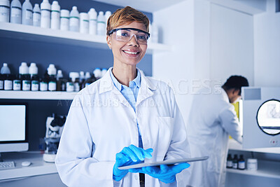Buy stock photo Scientist, black woman and working on tablet in laboratory for planning, innovation and research. Portrait, happy science worker and digital medicine for development, data analysis and biotechnology