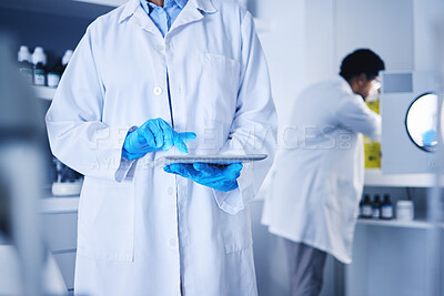 Buy stock photo Scientist, hands and working on tablet in laboratory for planning, innovation and online research. Science, worker and digital medicine for development, data analysis and biotechnology investigation