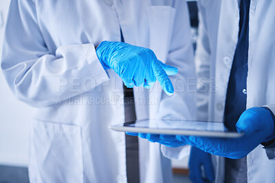 Buy stock photo Tablet, innovation and hands with a team working on research in a lab together for science or growth. Doctor, teamwork or medical with a black man and woman scientist at work in a laboratory