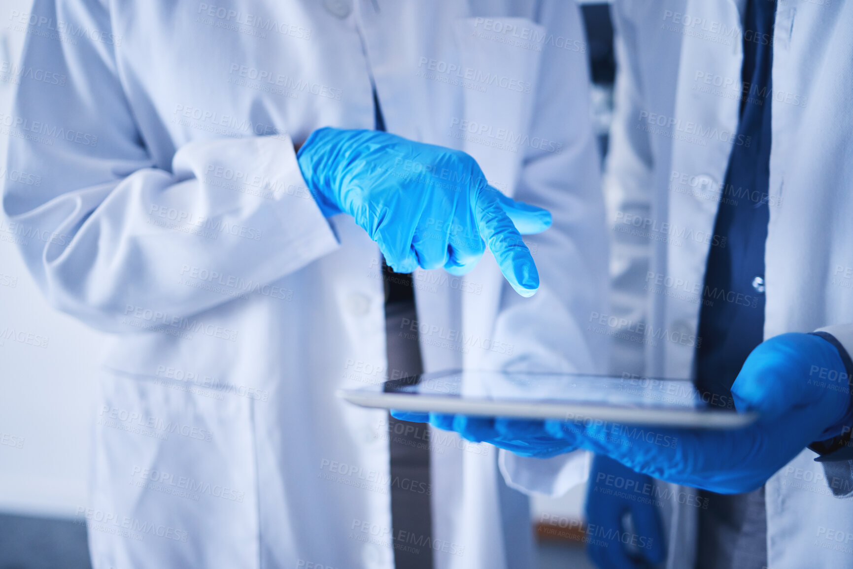 Buy stock photo Tablet, innovation and hands with a team working on research in a lab together for science or growth. Doctor, teamwork or medical with a black man and woman scientist at work in a laboratory