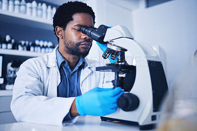 Buy stock photo Microscope, science laboratory and black man research medical analysis, review and biotechnology. Scientist, microbiology and worker study investigation, healthcare innovation or planning expert test